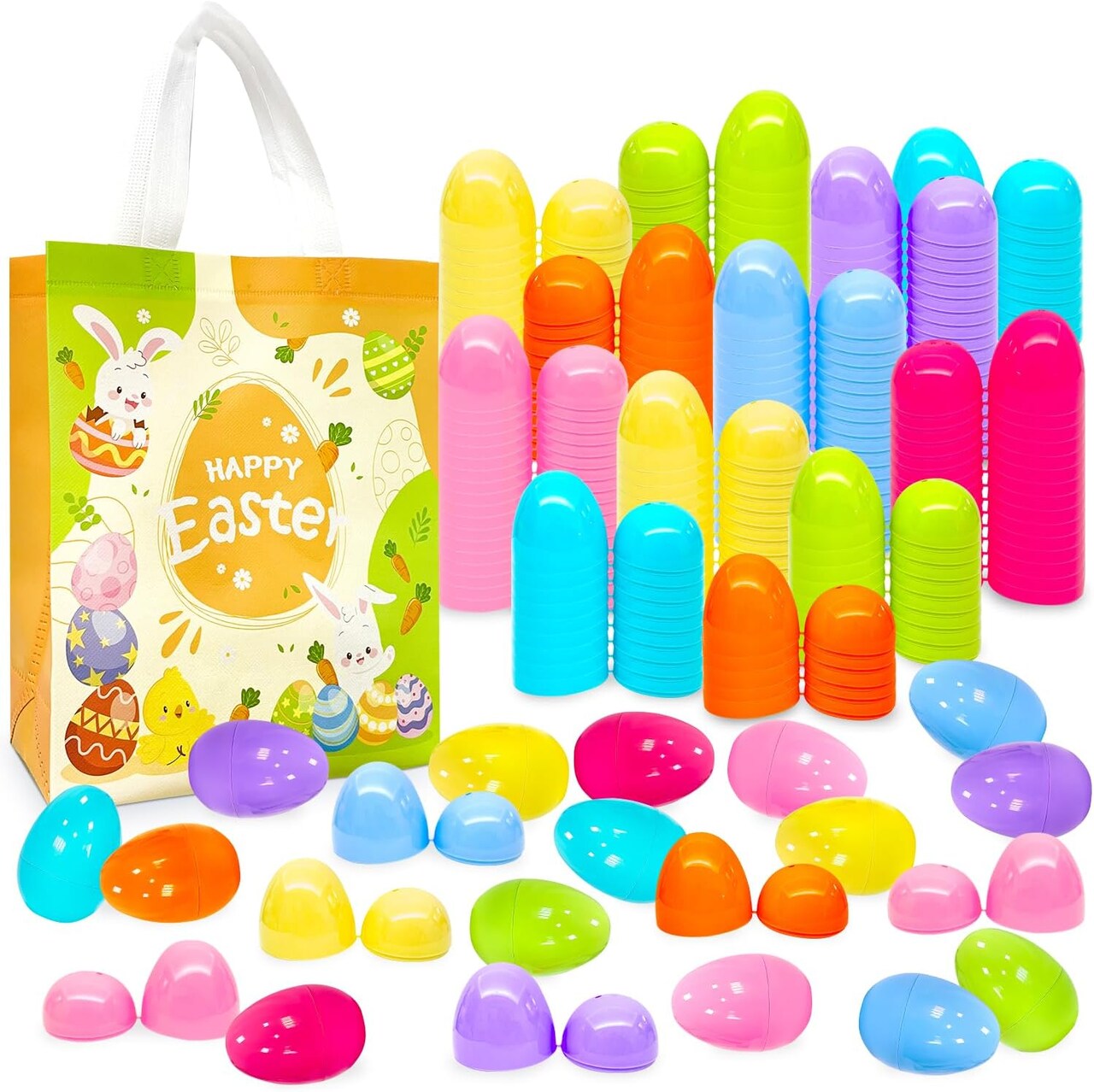 400Pcs 2.36inch Colorful Easter Plastic Eggs for Kids Egg Hunt Basket Bag Empty Stuffers Fillers with 4pcs Cute Non Woven Bags, Toys Filling Treats and Easter Theme Party Supplies Favor
